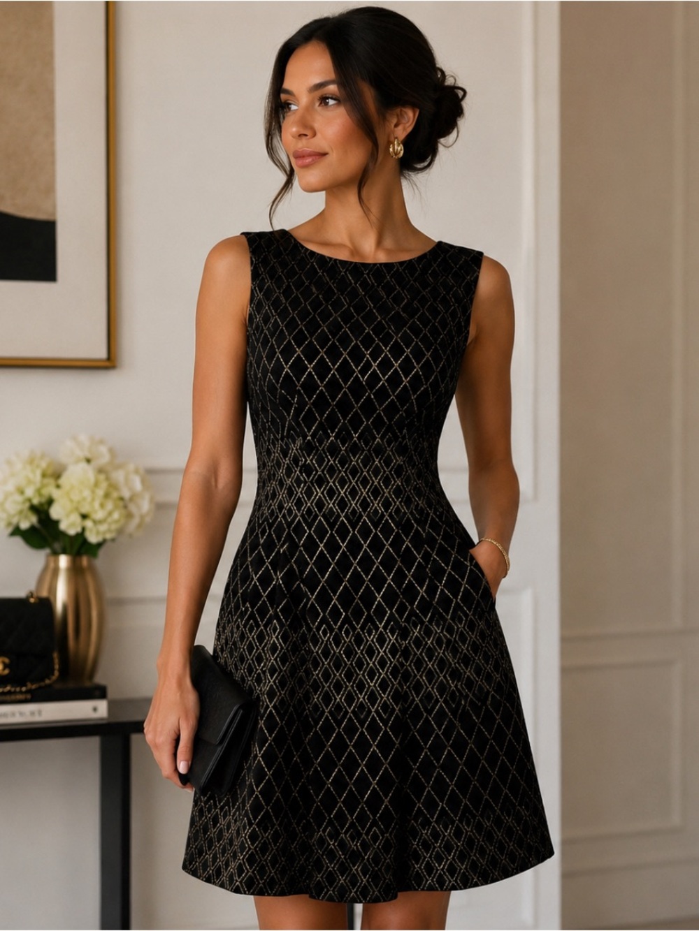 Vince Camuto Black and Gold Patterned Dress